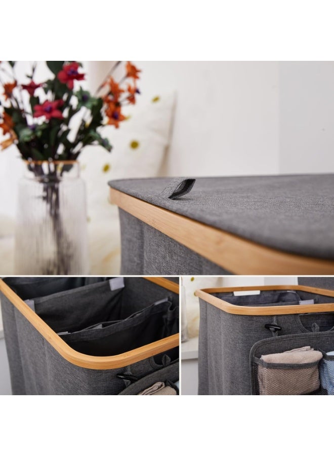 XiuWoo Laundry Hamper 3 Section With Side Pocket, Dirty Clothes Hamper with Lid, Large Laundry Basket with Bag, Laundry Basket Organizer for Bedroom, Laundry Room, Hamper 3 Compartment - Image 3