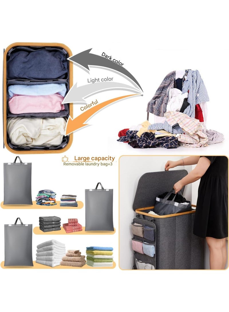 XiuWoo Laundry Hamper 3 Section With Side Pocket, Dirty Clothes Hamper with Lid, Large Laundry Basket with Bag, Laundry Basket Organizer for Bedroom, Laundry Room, Hamper 3 Compartment - Image 4