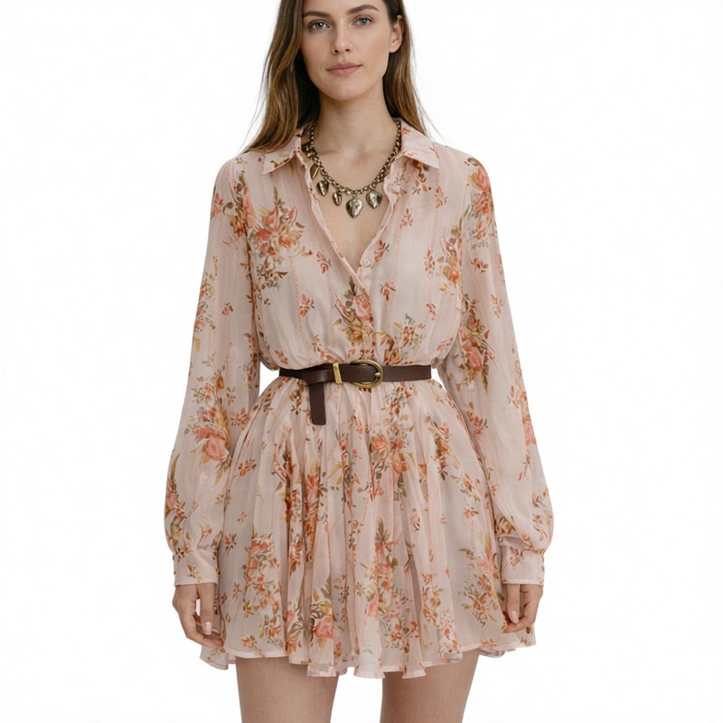 Women's V-Neck Floral Print Waist-Cinching Dress - Image 1