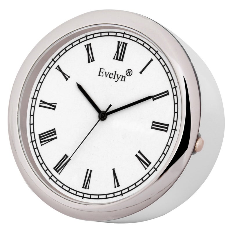 Evelyn Analog Classic Small Round Stainless Steel Frame ABS Plastic Housing and Glass Lens Car Dashboard Time Desk Table Clock White Size 45mm - Image 1