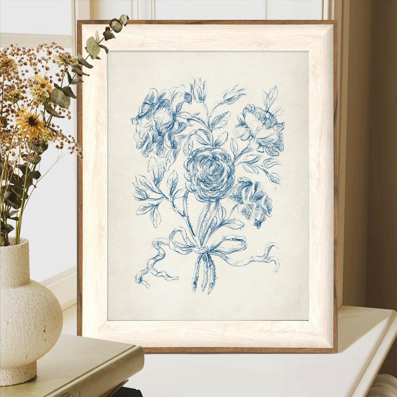 ASTRDECOR Framed Vintage Wall Art for Bathroom, Botanical Blue Wall Art for Home Decor Aesthetic, Victorian Blue Rose Bouquet Sketch Painting Floral Canvas Art Prints, Antique Flower Pictures for Living Room - 12''x16'' - Image 3