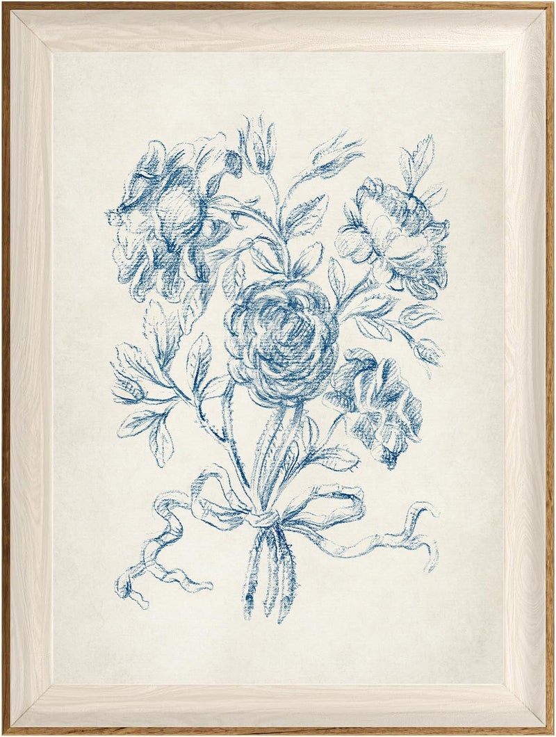 ASTRDECOR Framed Vintage Wall Art for Bathroom, Botanical Blue Wall Art for Home Decor Aesthetic, Victorian Blue Rose Bouquet Sketch Painting Floral Canvas Art Prints, Antique Flower Pictures for Living Room - 12''x16'' - Image 1