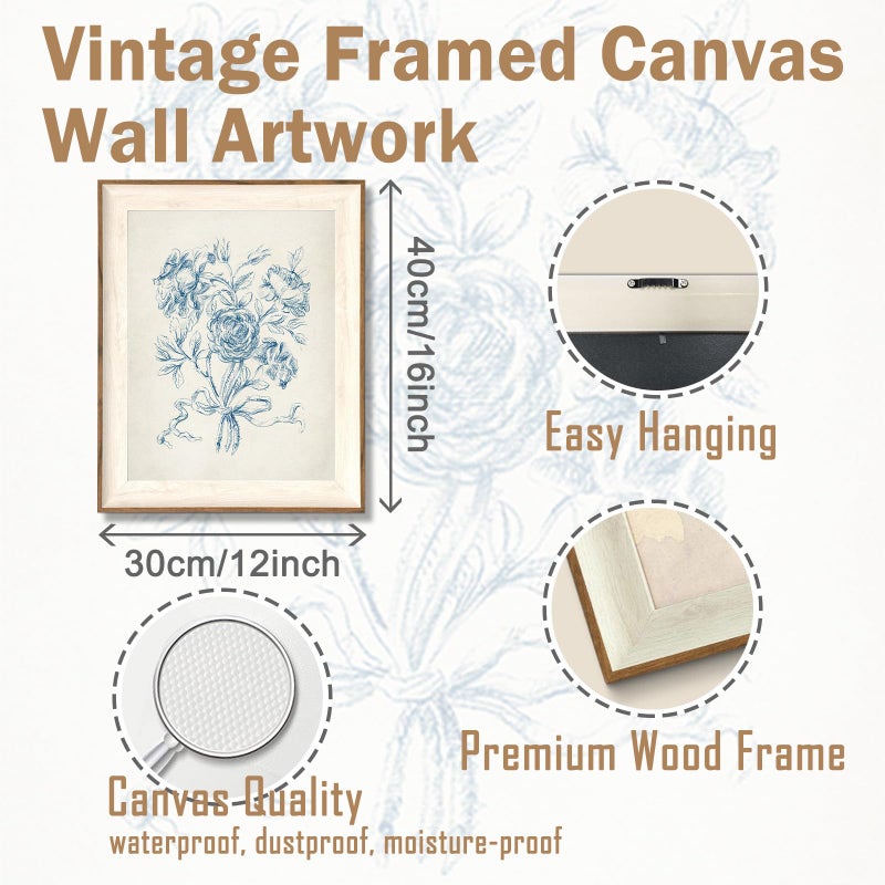 ASTRDECOR Framed Vintage Wall Art for Bathroom, Botanical Blue Wall Art for Home Decor Aesthetic, Victorian Blue Rose Bouquet Sketch Painting Floral Canvas Art Prints, Antique Flower Pictures for Living Room - 12''x16'' - Image 2
