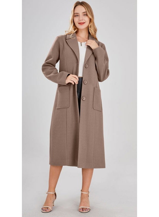 chouyatou Women's Big Notch Lapel Single Breasted Mid-Long Wool Blend Coat (Medium, Khaki) - Image 3