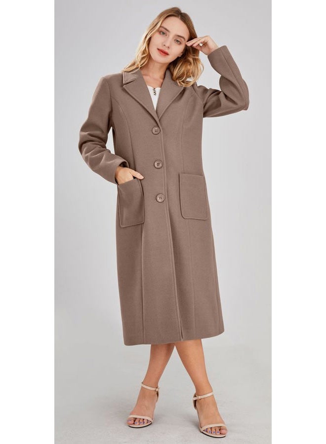 chouyatou Women's Big Notch Lapel Single Breasted Mid-Long Wool Blend Coat (Medium, Khaki) - Image 2