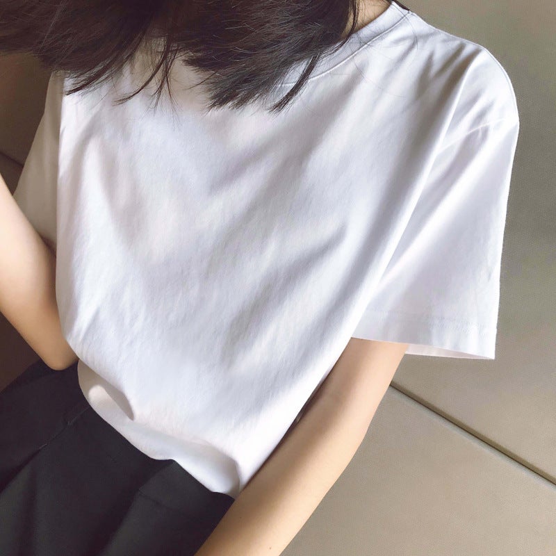 Womens White Korean Style Short Sleeve T-Shirt 2024 Summer New Student Base Camiseta Slims Smooths Your Silhouette Solid Color  White 