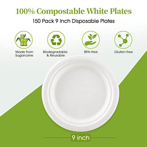 ECOLipak 9 inch 150 Pack Compostable Paper Plates, Heavy Duty Disposable Biodegradable Eco-friendly Sugarcane Bagasse Plates for Party Thanksgiving - Image 2