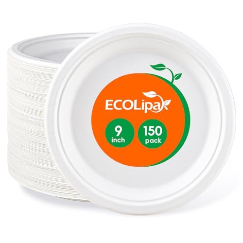 ECOLipak 9 inch 150 Pack Compostable Paper Plates, Heavy Duty Disposable Biodegradable Eco-friendly Sugarcane Bagasse Plates for Party Thanksgiving - Image 1