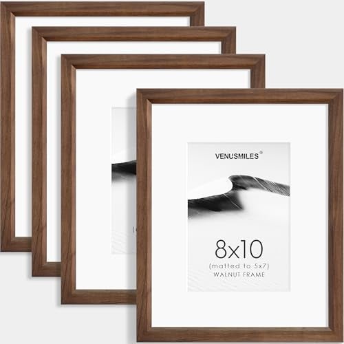 Venusmiles 8x10 Picture Frame Set of 4 Natural Solid Walnut Photo Frames with 5x7 Removable Mat Wall Hanging Large Handcrafted Frame with HD Plexiglass Wall and Tabletop Display Large Poster Frame - Image 1