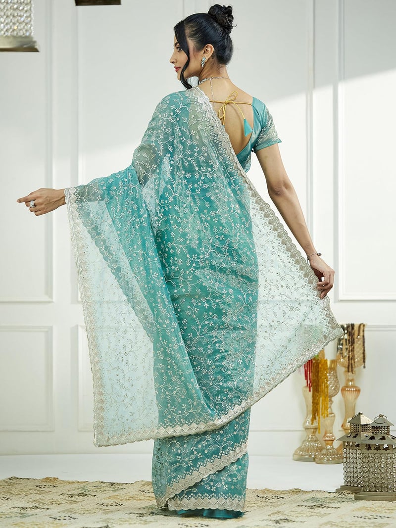 Satrani Women's Shimmer Net Dual Tone Embroidery Stone Work Saree with Unstitched Blouse Piece (4019S564N_Teal Green & Golden) - Image 3