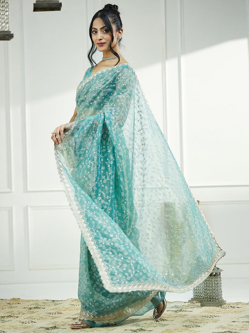 Satrani Women's Shimmer Net Dual Tone Embroidery Stone Work Saree with Unstitched Blouse Piece (4019S564N_Teal Green & Golden) - Image 2