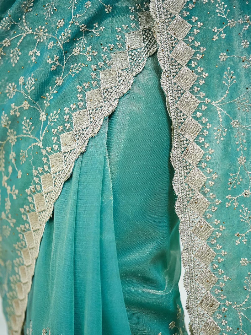 Satrani Women's Shimmer Net Dual Tone Embroidery Stone Work Saree with Unstitched Blouse Piece (4019S564N_Teal Green & Golden) - Image 5