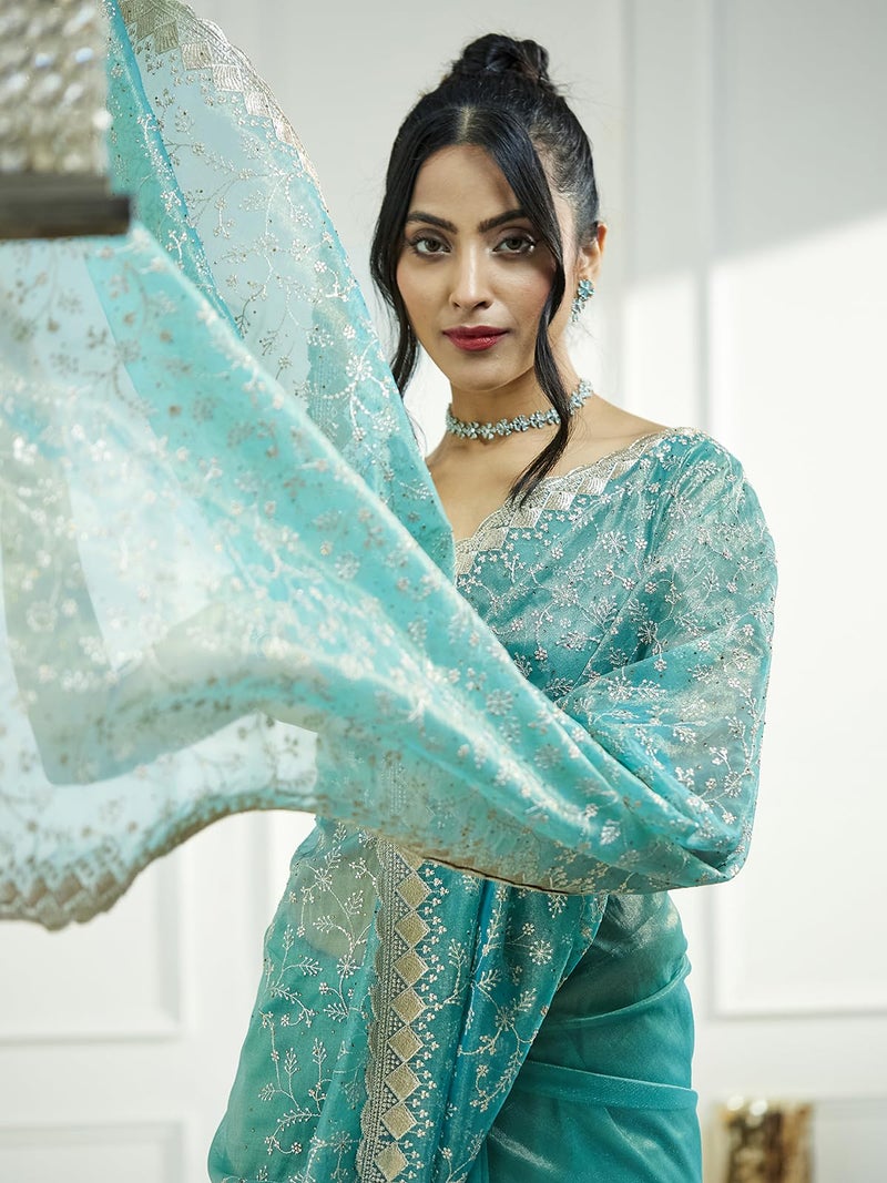 Satrani Women's Shimmer Net Dual Tone Embroidery Stone Work Saree with Unstitched Blouse Piece (4019S564N_Teal Green & Golden) - Image 4