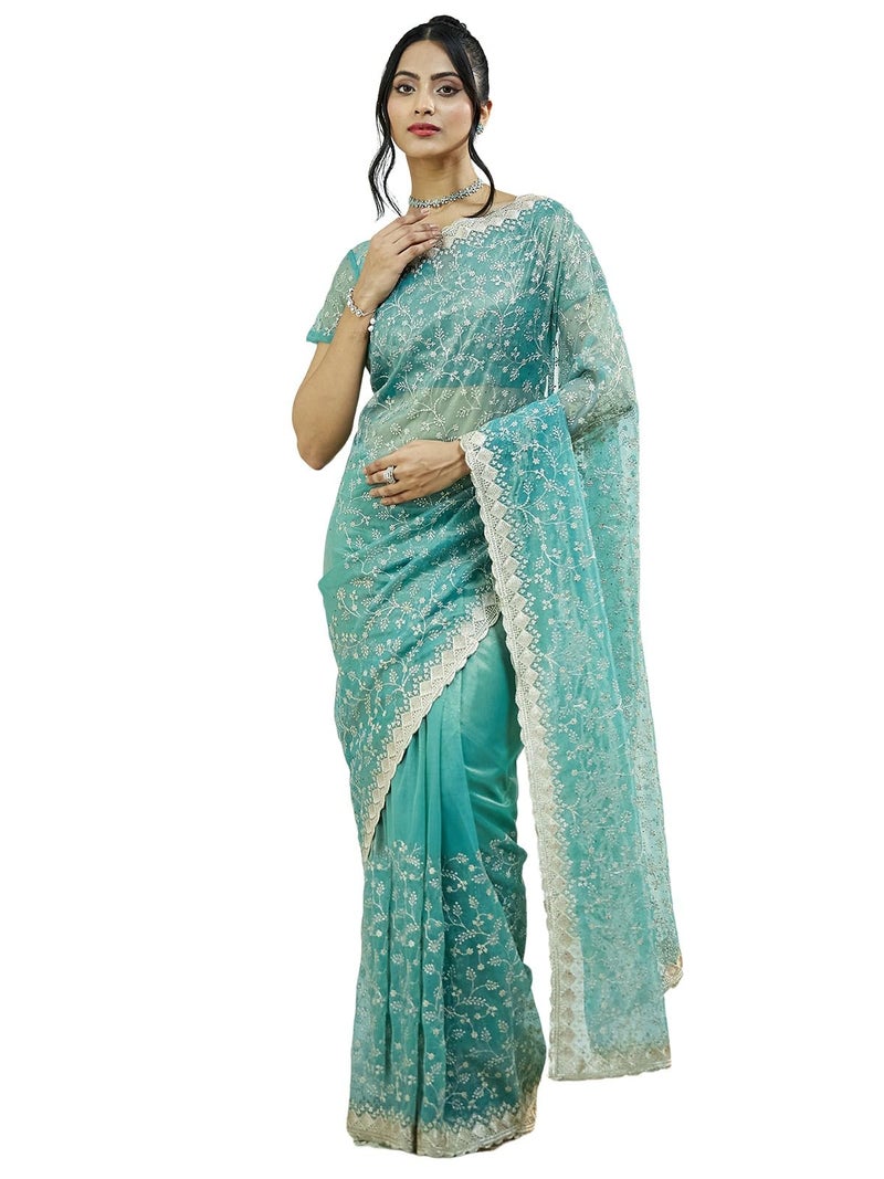 Satrani Women's Shimmer Net Dual Tone Embroidery Stone Work Saree with Unstitched Blouse Piece (4019S564N_Teal Green & Golden) - Image 1
