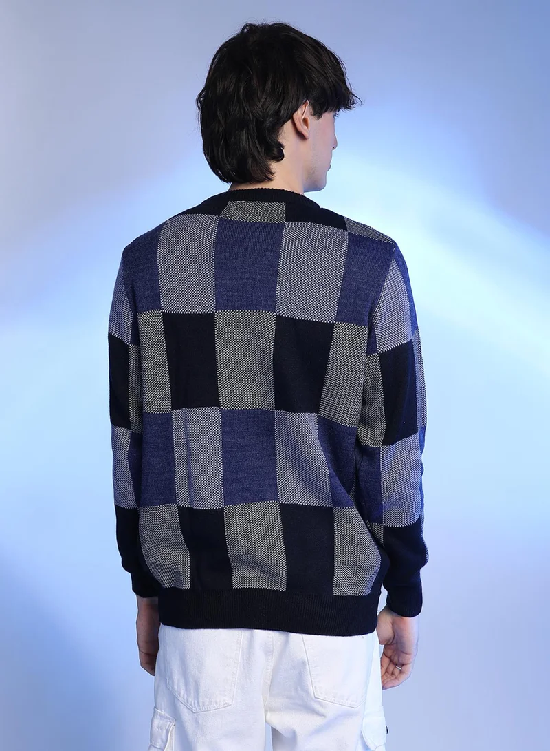 Campus Sutra Men's Blue Block Check Pullover Sweater