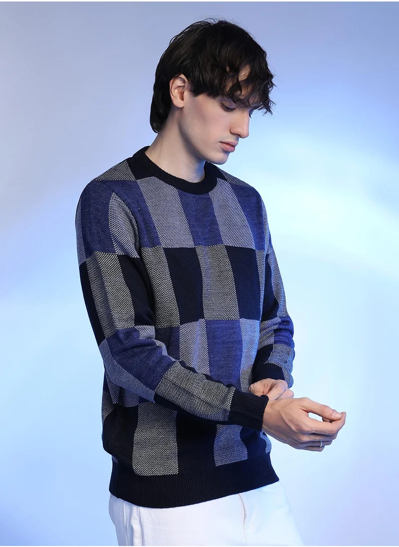 Campus Sutra Men's Blue Block Check Pullover Sweater
