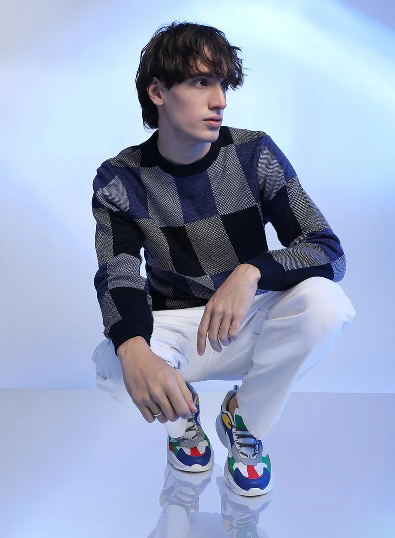 Campus Sutra Men's Blue Block Check Pullover Sweater