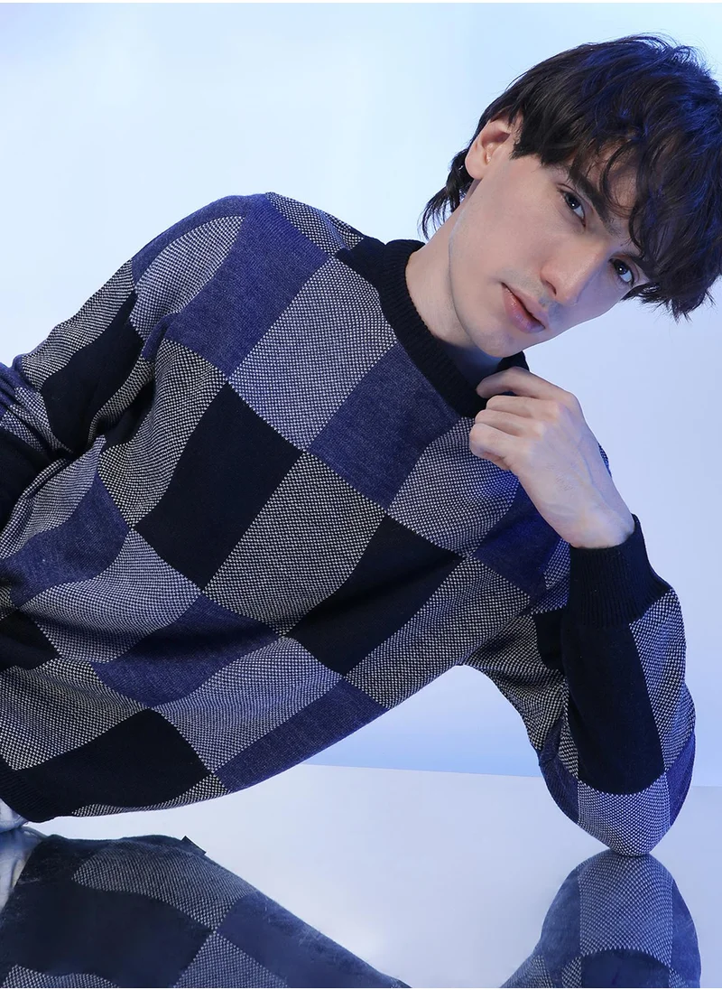 Campus Sutra Men's Blue Block Check Pullover Sweater
