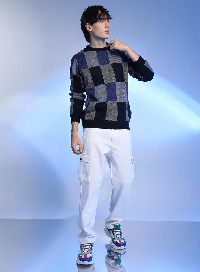 Campus Sutra Men's Blue Block Check Pullover Sweater