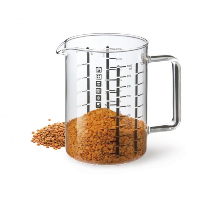 GLASS MEASURING CUP IN GRAMS ML OZ BOROSILICATE 32 OZ LIQUID CUP FOR METRIC MEASUREMENTS LITER MILLILITER OUNCE SUGAR FLOUR GRAMS NO DRIP POUR SPOUT