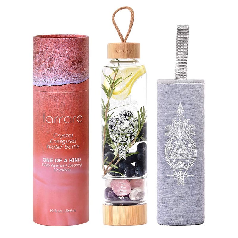Larrare Larrare Crystal Water Bottles 19oz Large Crystal Elixir Infused Water Bottle with Changeable Crystals  Gem Water Bottle with Sacred Pattern and Words Amethyst Rose Quartz Clear Quartz 