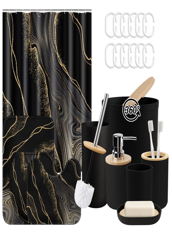 Tayney Marble Black Bathroom Decor and Accessories Set, Shower Curtain and Rug Set with Trash Can, Soap Dispenser, Soap Dish, Toothbrush Holder, Toothbrush Cup, Toilet Brush - Image 1