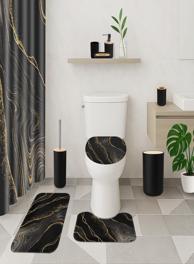 Tayney Marble Black Bathroom Decor and Accessories Set, Shower Curtain and Rug Set with Trash Can, Soap Dispenser, Soap Dish, Toothbrush Holder, Toothbrush Cup, Toilet Brush - Image 2