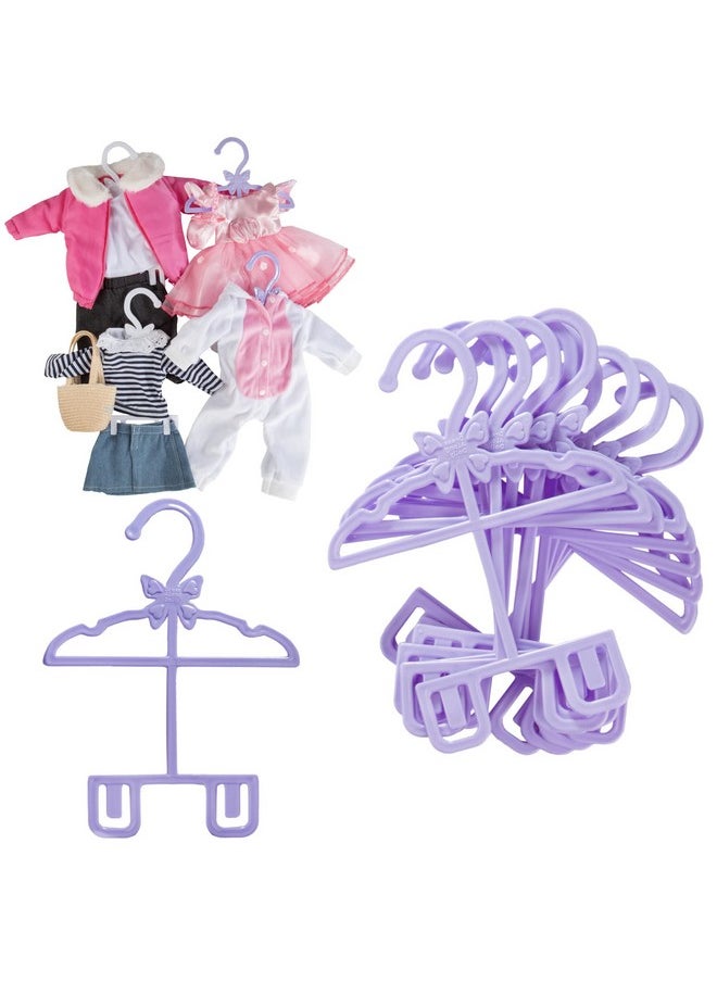 Dress Along Dolly Doll Full-Outfit Clothes Hangers For 18" Girl Dolls - 12Pk-Unique Design Holds Your Top & Bottom At Once Including Dresses, Pants, Shirts, Skirts, & Accessories (Purple) -Gifts For Girls Kids Birthday  - Image 1