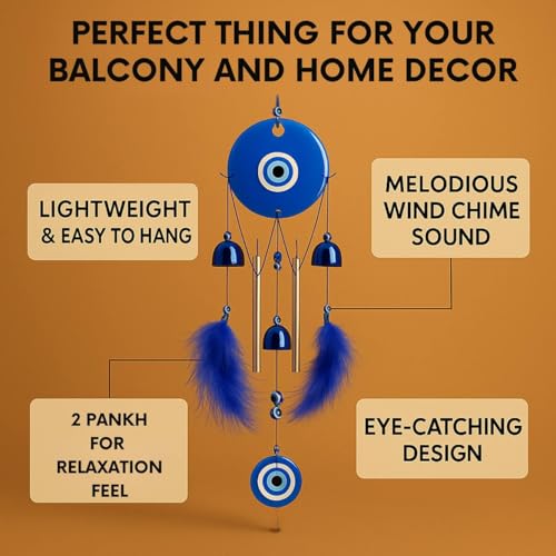 sculpmart Evil Eye Wind Chime with 2 Feather Wings & 3 Bells for Balcony Decor | Dream Catcher Style with Melody Sound for Positive Energy - Image 3