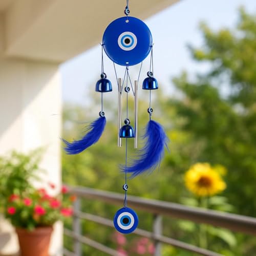 sculpmart Evil Eye Wind Chime with 2 Feather Wings & 3 Bells for Balcony Decor | Dream Catcher Style with Melody Sound for Positive Energy - Image 1