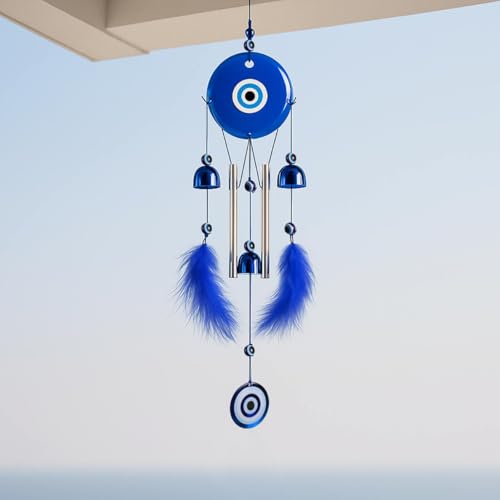 sculpmart Evil Eye Wind Chime with 2 Feather Wings & 3 Bells for Balcony Decor | Dream Catcher Style with Melody Sound for Positive Energy - Image 4