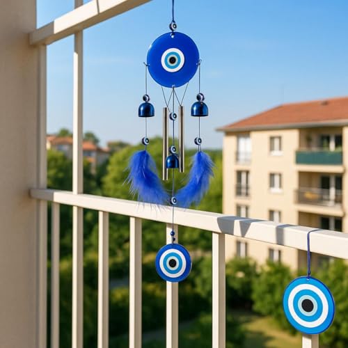 sculpmart Evil Eye Wind Chime with 2 Feather Wings & 3 Bells for Balcony Decor | Dream Catcher Style with Melody Sound for Positive Energy - Image 2
