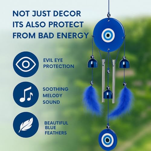 sculpmart Evil Eye Wind Chime with 2 Feather Wings & 3 Bells for Balcony Decor | Dream Catcher Style with Melody Sound for Positive Energy - Image 5