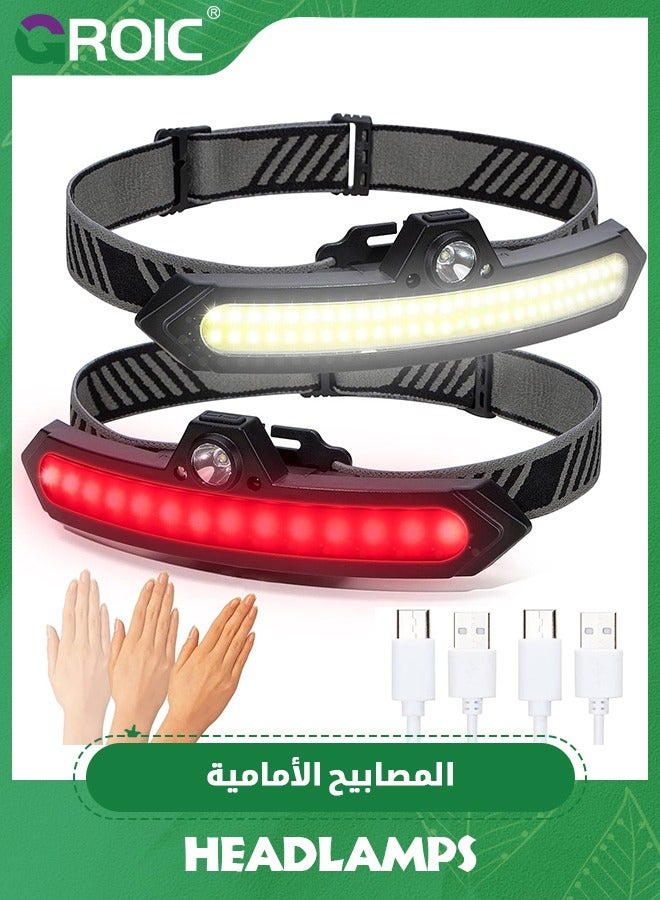 LED Rechargeable Headlamp Super Bright, IPX4 Water Resistant Lightweight Head Light with Motion Sensor for Adult, 6 Modes COB Head Flashlight with White+Red Lights for Camping/Fishing
