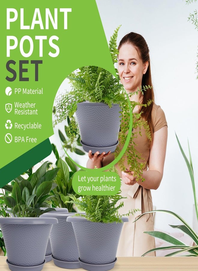 Quarut 12 Inch Large Planter Pot for Plants Indoor Outdoor, 4 Pack Plastic Flower Pots with Drainage Hole & Tray, Modern Decorative Garden Pot with Saucer, Plant Container for House Grey - Image 2