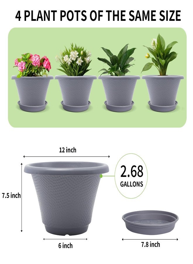 Quarut 12 Inch Large Planter Pot for Plants Indoor Outdoor, 4 Pack Plastic Flower Pots with Drainage Hole & Tray, Modern Decorative Garden Pot with Saucer, Plant Container for House Grey - Image 5