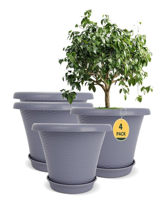 Quarut 12 Inch Large Planter Pot for Plants Indoor Outdoor, 4 Pack Plastic Flower Pots with Drainage Hole & Tray, Modern Decorative Garden Pot with Saucer, Plant Container for House Grey - Image 1