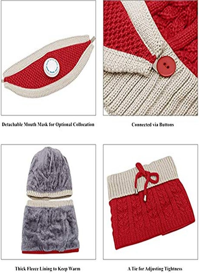 Malvina Winter Pom pom Hat Scarf, Knitted Thickened Lining Hat Neck Warmer Face Cover with Breather Valve 3-Piece for Women's & Girl's (Red) - Image 4
