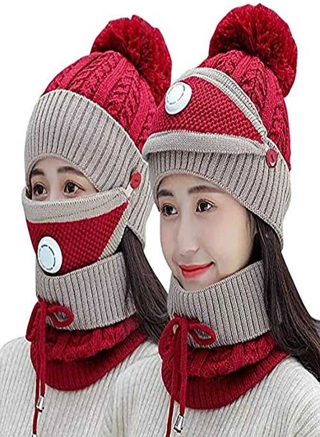Malvina Winter Pom pom Hat Scarf, Knitted Thickened Lining Hat Neck Warmer Face Cover with Breather Valve 3-Piece for Women's & Girl's (Red) - Image 1