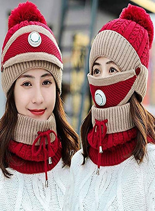 Malvina Winter Pom pom Hat Scarf, Knitted Thickened Lining Hat Neck Warmer Face Cover with Breather Valve 3-Piece for Women's & Girl's (Red) - Image 3
