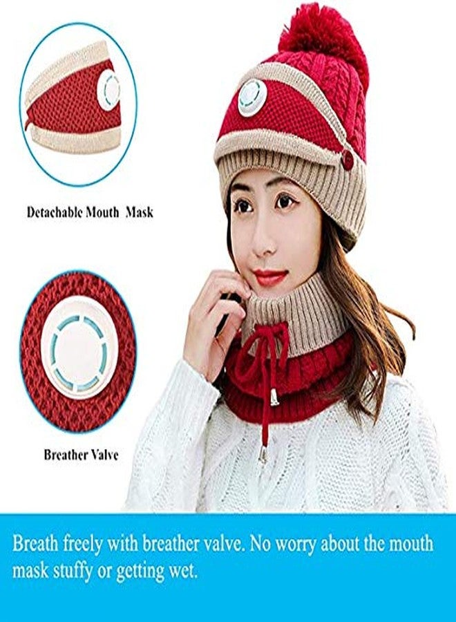 Malvina Winter Pom pom Hat Scarf, Knitted Thickened Lining Hat Neck Warmer Face Cover with Breather Valve 3-Piece for Women's & Girl's (Red) - Image 2