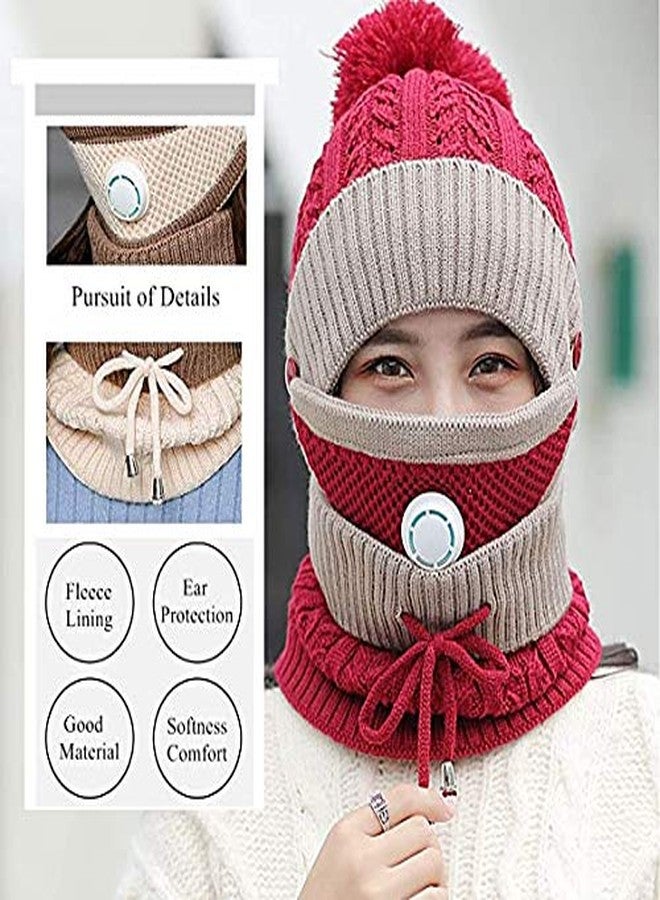 Malvina Winter Pom pom Hat Scarf, Knitted Thickened Lining Hat Neck Warmer Face Cover with Breather Valve 3-Piece for Women's & Girl's (Red) - Image 5