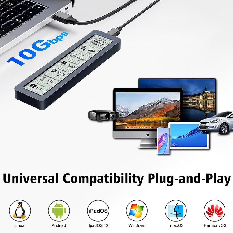 كاست ويف غلاف SSD M.2 NVMe ذكي مع شاشة LCD، حافظة SSD خارجية عالية السرعة USB 3.2 Gen 2 Type-C بسرعة 10 جيجابت في الثانية، يدوم مقاسات المفاتيح M-Key و B+M Key 2230/2242/2260/2280، حتى 4 تيرابايت، مع منع فقدان الكتابة - Image 4