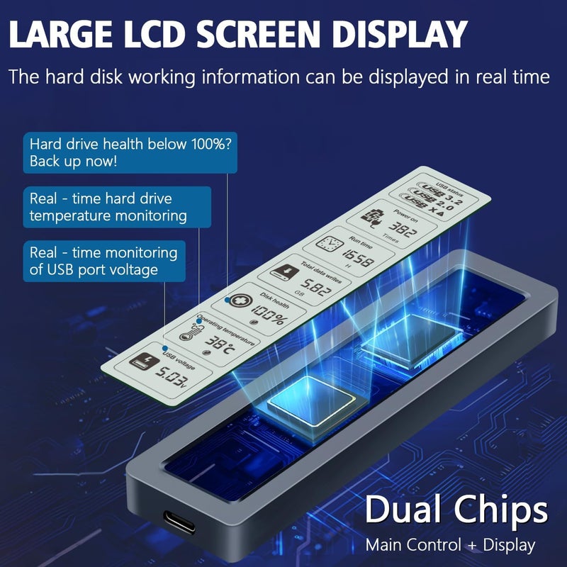 كاست ويف غلاف SSD M.2 NVMe ذكي مع شاشة LCD، حافظة SSD خارجية عالية السرعة USB 3.2 Gen 2 Type-C بسرعة 10 جيجابت في الثانية، يدوم مقاسات المفاتيح M-Key و B+M Key 2230/2242/2260/2280، حتى 4 تيرابايت، مع منع فقدان الكتابة - Image 3