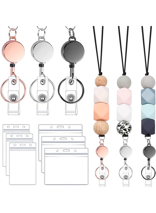 erorex 9 In 3 Set Retractable Lanyard For Id Badges Teacher Lanyard With Badge Holders Beaded Lanyards For Id Badges And Keys Teacher Appreciation Gifts - Image 1