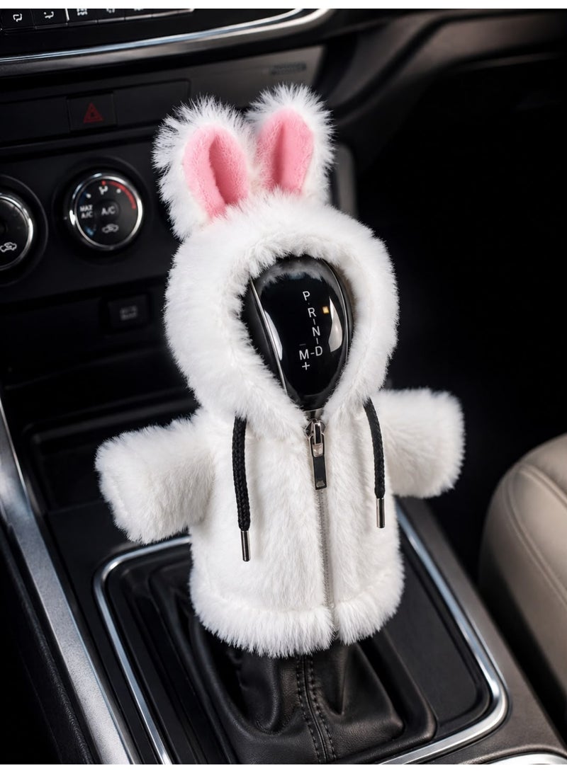 Plush Bunny Hoodie Car Gear Shift Cover – Soft & Warm, Fits Automatic & Manual Cars - Image 1
