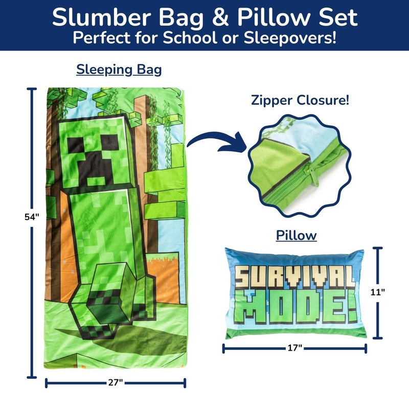 Jay Franco Kids Slumber Bag and Pillow - 54 x 27 Inch Comfy Indoor Sleeping Bag for School and Sleepovers  2 Piece Set  Green - Minecraft - Image 2