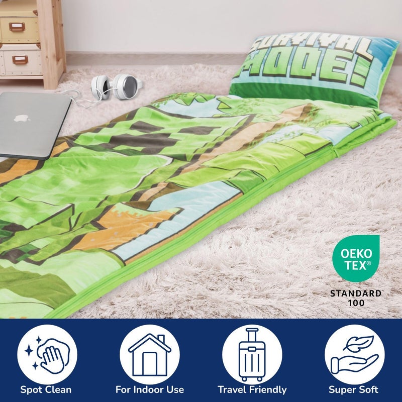Jay Franco Kids Slumber Bag and Pillow - 54 x 27 Inch Comfy Indoor Sleeping Bag for School and Sleepovers  2 Piece Set  Green - Minecraft - Image 3