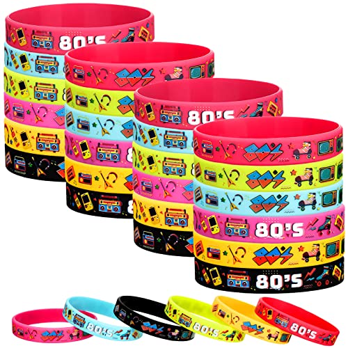 Leitee 48 Pcs 80s Party Favors 1980s Themed Silicone Bracelets 80s Jewelry for Women Men Radio Roller Skate 80s Bracelets Retro Rubber Wristbands for 1980s Party Birthday Music Party Supplies - Image 1