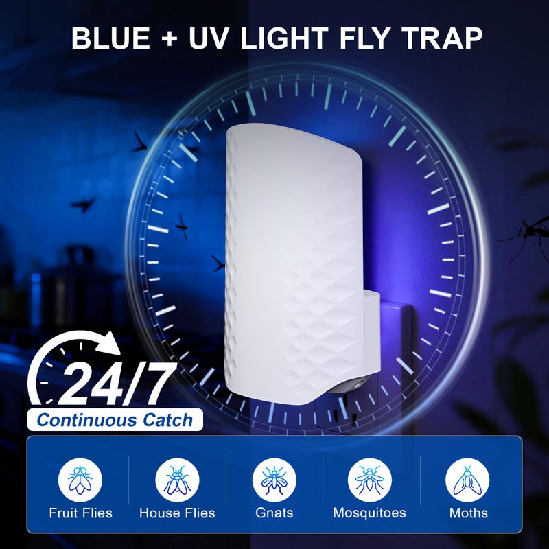 WowCatch Flying Insect Trap for Indoors, Plug-in Fly Trap Bug Catcher for Gnats, Fruit Flies & House Flies, Upgraded Blue UV Light Trap with Sticky Cards, Silent & Mess-Free, 1 Device + 5 Refill - Image 3